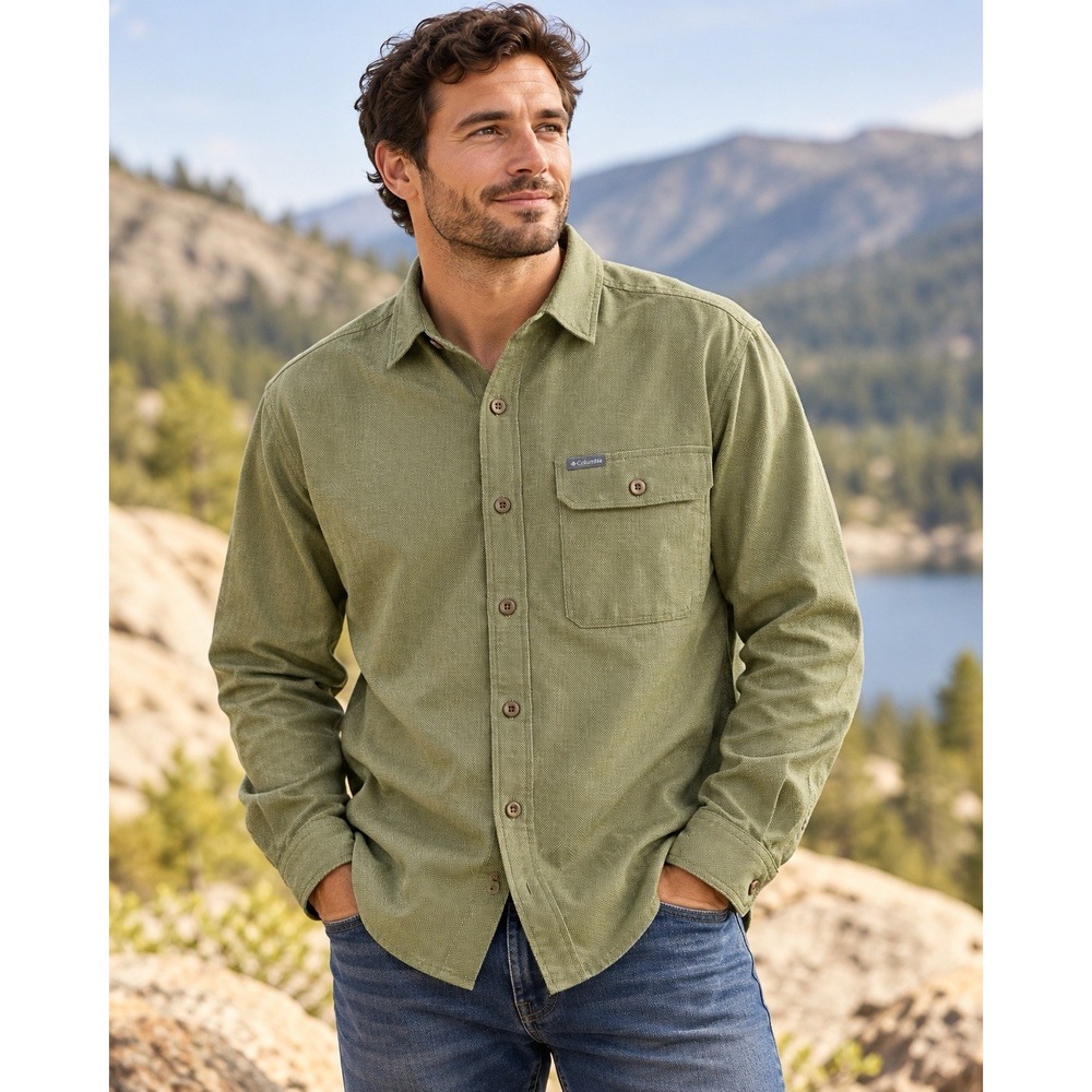 Columbia Mens XL Green Cotton ButtonUp Shirt Regular Fit Outdoor Casual 52 Chest